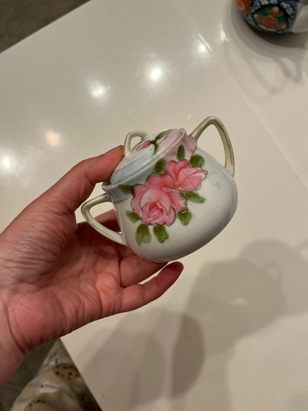 Nippon Antique Hand Painted  Lidded Sugar Bowl Pink Roses